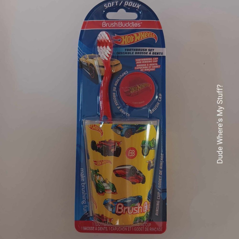 HOT WHEELS - BRUSH BUDDIES - SOFT TOOTHBRUSH **RED** CUP BRUSH CAP - BRAND NEW